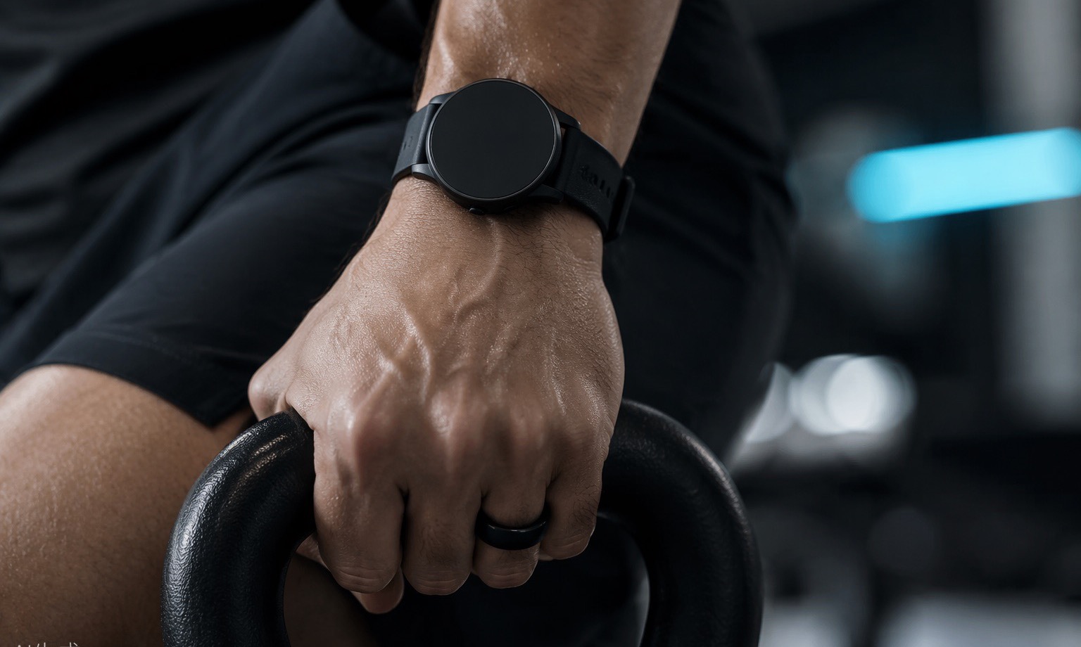 Close-up of a sports watch and smart ring on an athlete's wrist